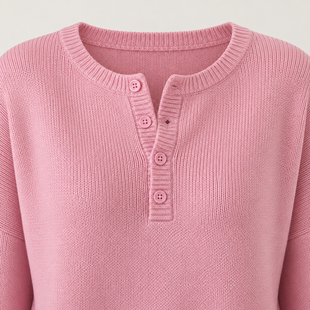 Pink button Henley knit pullover detail