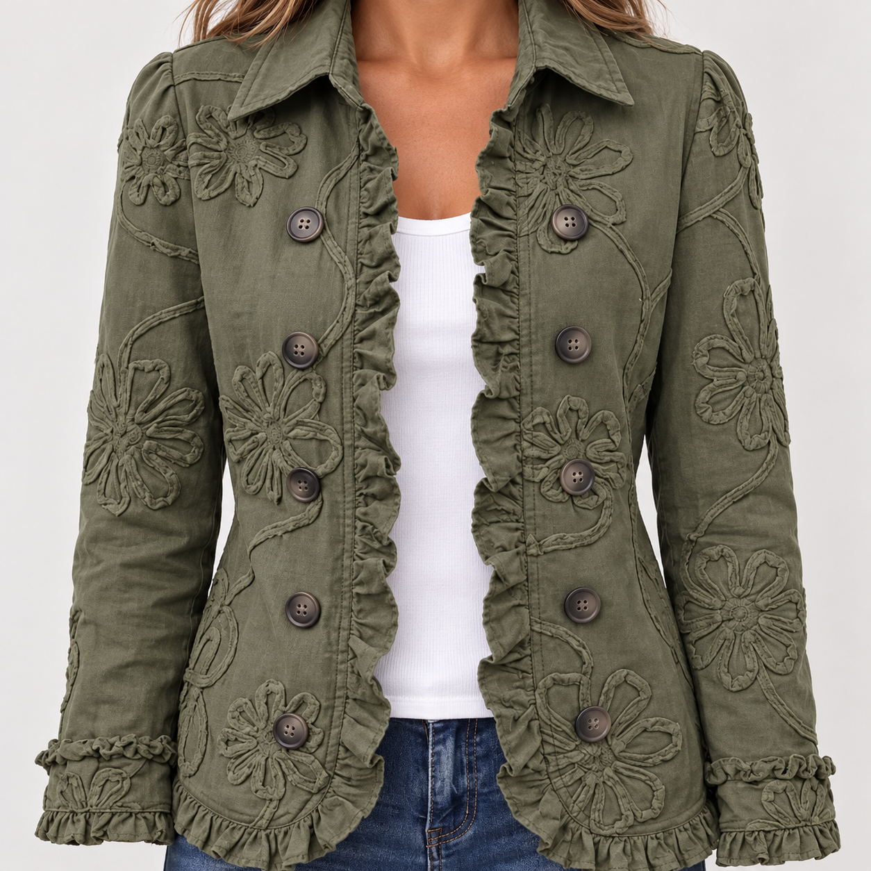 Olive green floral ruffle jacket detail