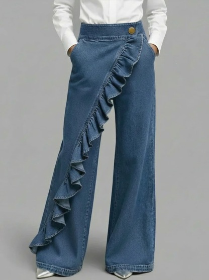 Damen Rüschenbesatz Hohe Taille Weites Bein Jeans