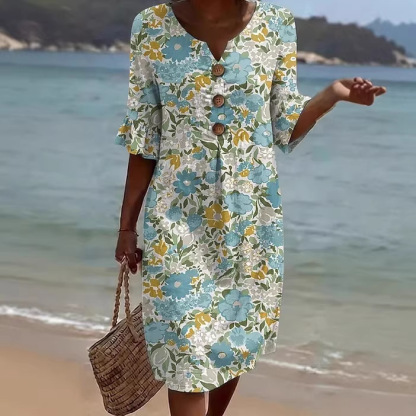 Damen Blumenprint-Kleid aus Leinenmischung