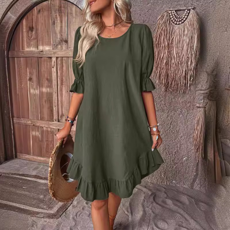 Retro-Kleid aus Baumwollleinen, halblangen Ärmeln, Rundhalsausschnitt, einfarbig, locker ausgestellt