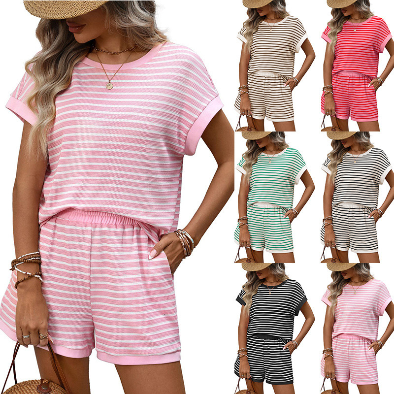 Lockeres gestreiftes Rundhals-T-Shirt & Shorts mit Kordelzug und Taschen – Lässiges Urlaubsset