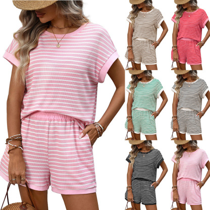 Lockeres gestreiftes Rundhals-T-Shirt & Shorts mit Kordelzug und Taschen – Lässiges Urlaubsset