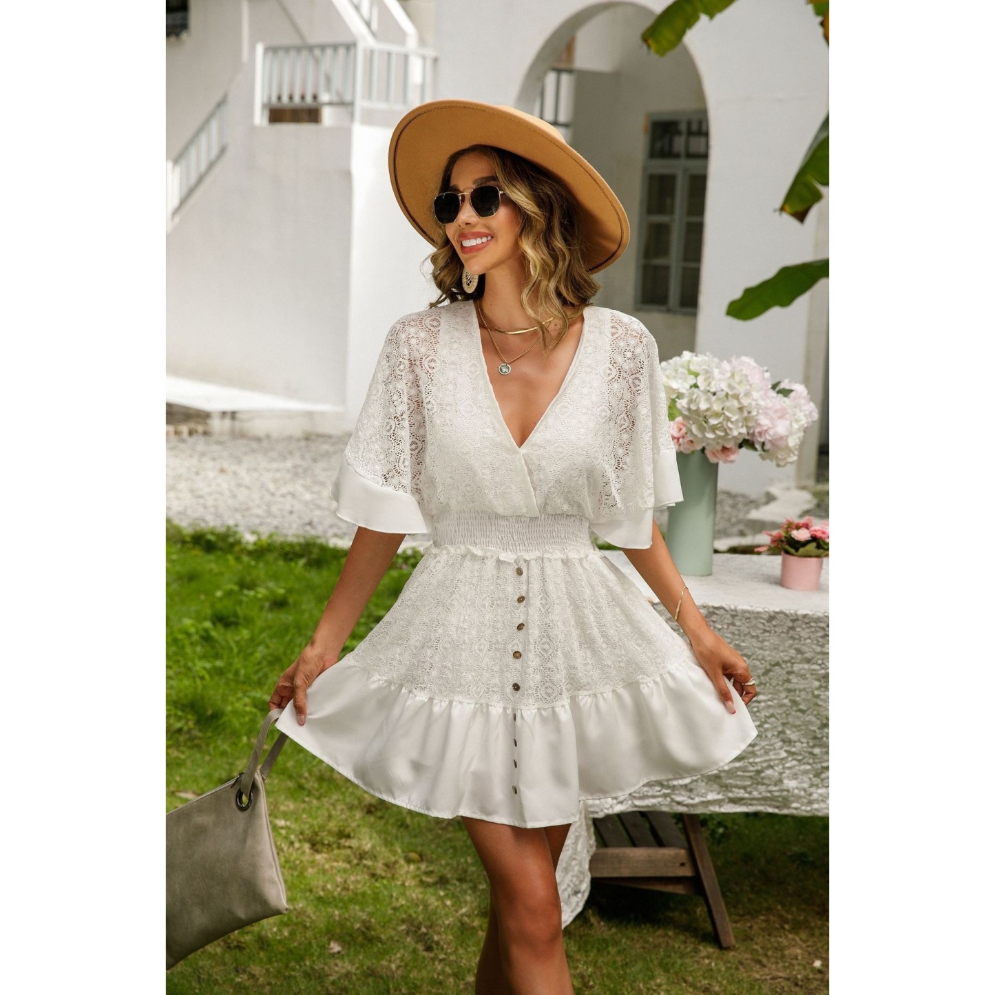 Lace-trimmed batwing sleeve dress