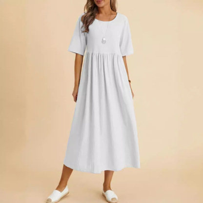 Locker sitzendes, kurzärmeliges Midikleid aus Baumwolle und Leinen mit Rundhalsausschnitt.