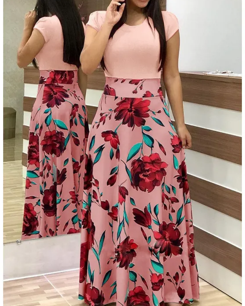 Damenkleid mit Blumenmuster und Farbblockdesign