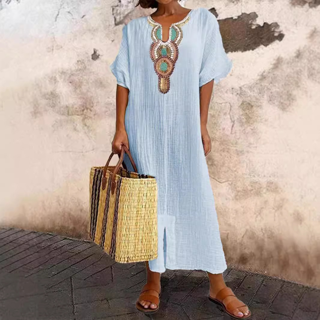 Boho-besticktes Kaftan-Maxikleid für Damen aus Leinenmischung