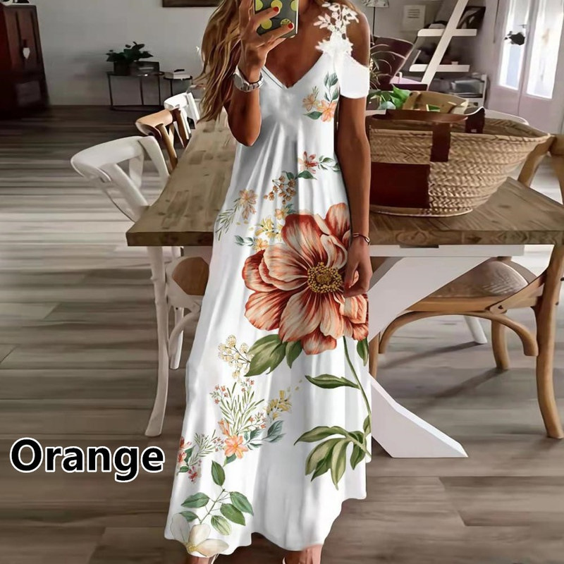 Locker geschnittenes Kleid mit Spitzen-Neckholder und V-Ausschnitt, modischem Print