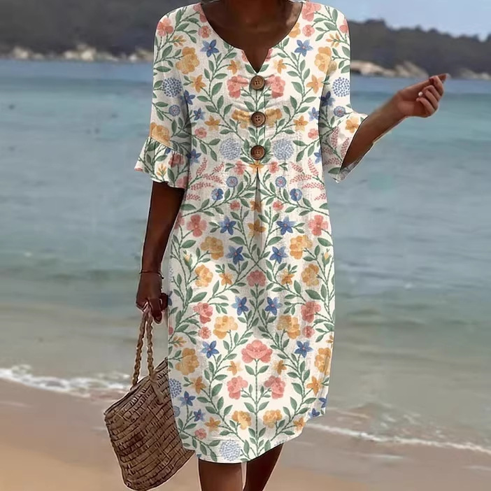 Damen Blumenprint-Kleid aus Leinenmischung