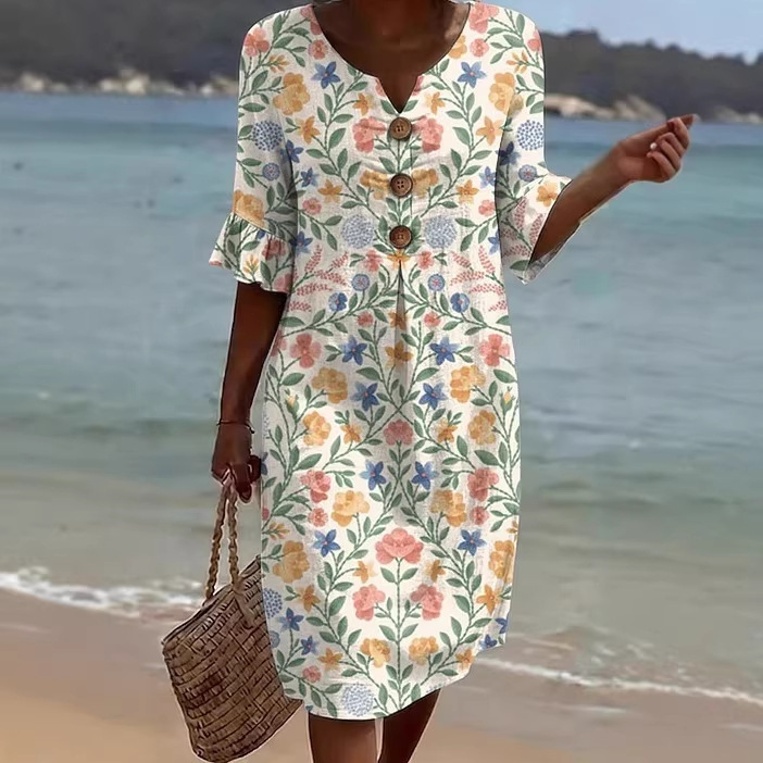Damen Blumenprint-Kleid aus Leinenmischung
