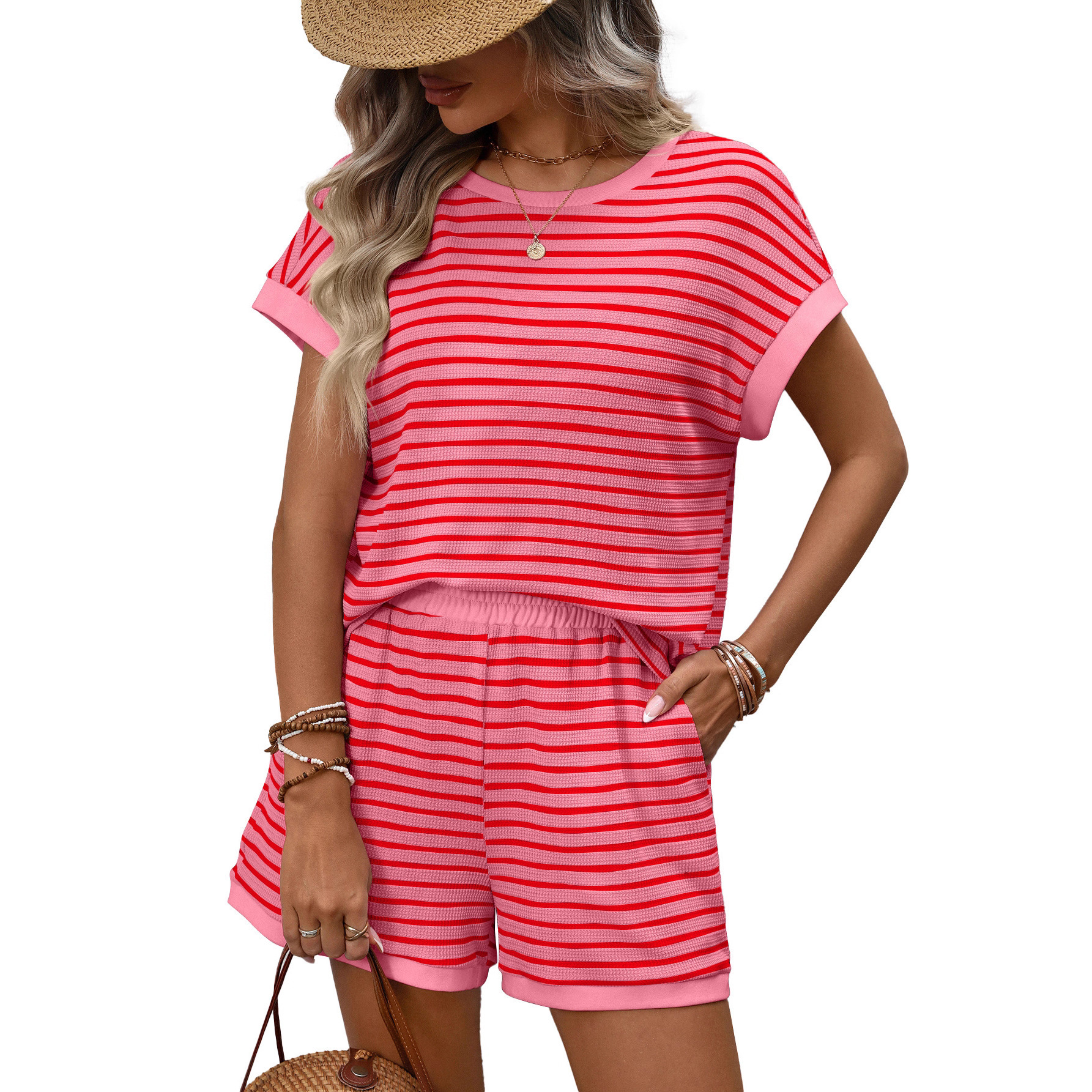 Lockeres gestreiftes Rundhals-T-Shirt & Shorts mit Kordelzug und Taschen – Lässiges Urlaubsset