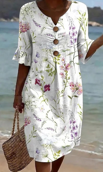 Damen Blumenprint-Kleid aus Leinenmischung