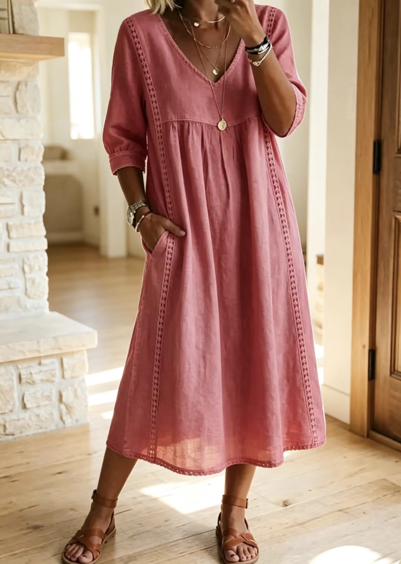 Boho Übergroßes Leinen-Midi-Kleid