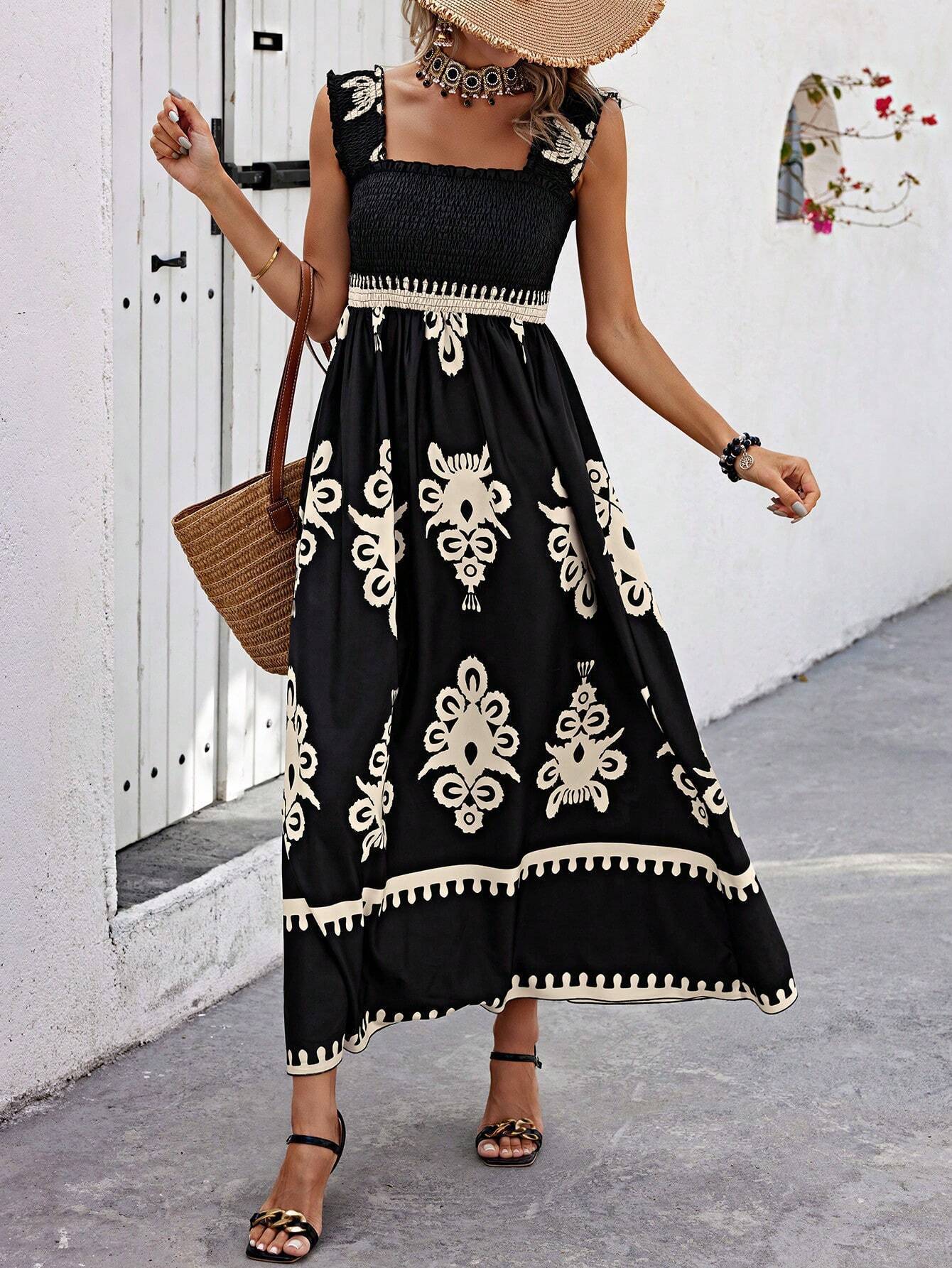 Boho-Maxikleid für Damen mit Blumenmuster und Smokdetails