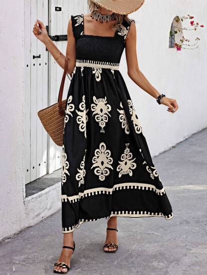 Boho-Maxikleid für Damen mit Blumenmuster und Smokdetails