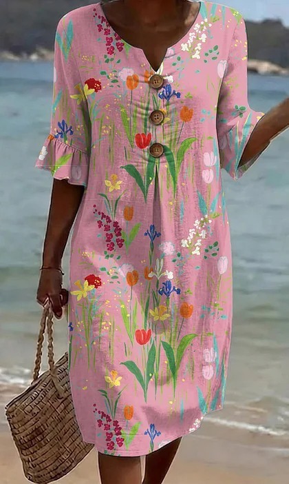 Damen Blumenprint-Kleid aus Leinenmischung