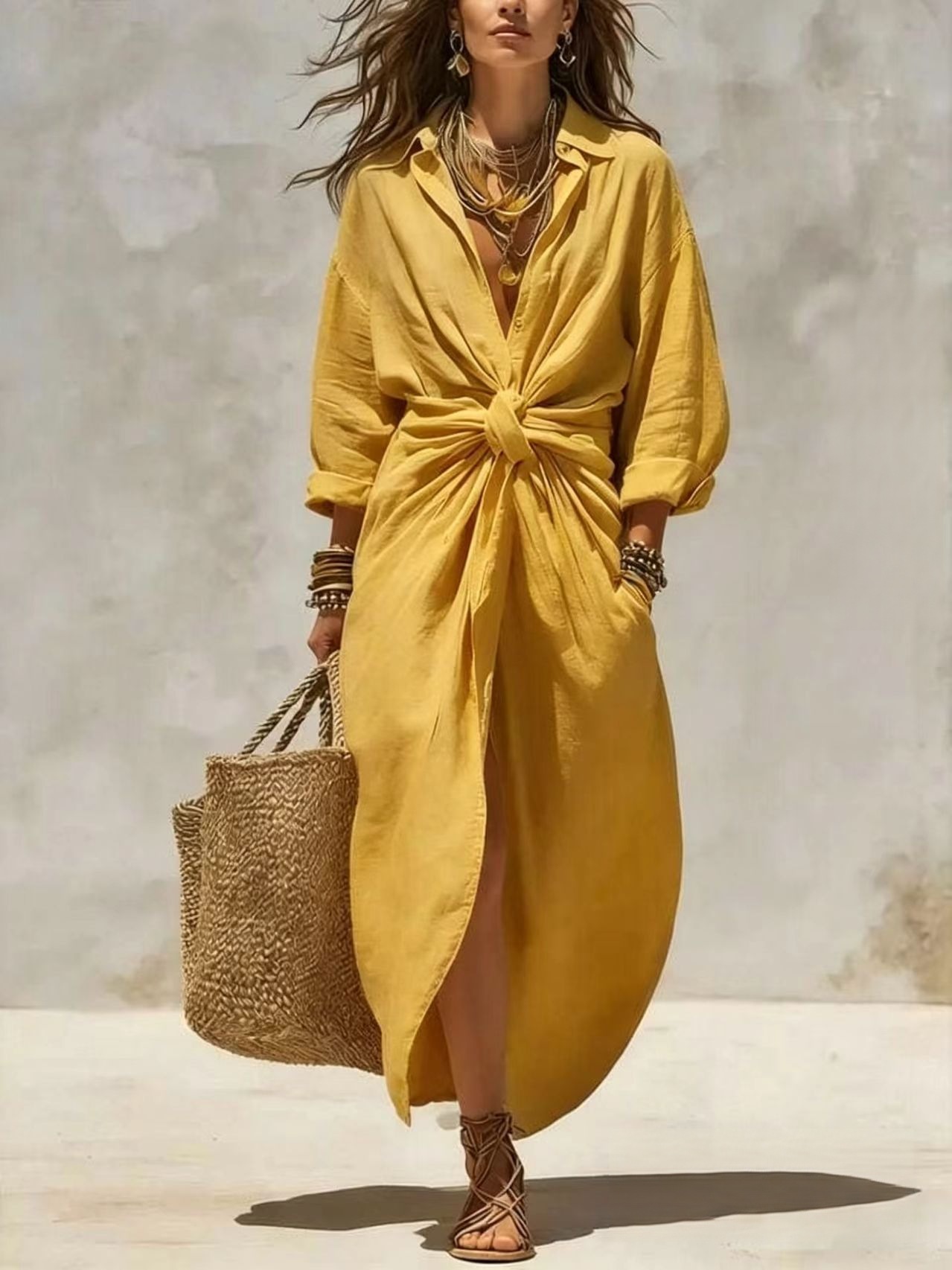 Damen Weißes Leinenmischung Knoten-Vorderseite Hemdkleid