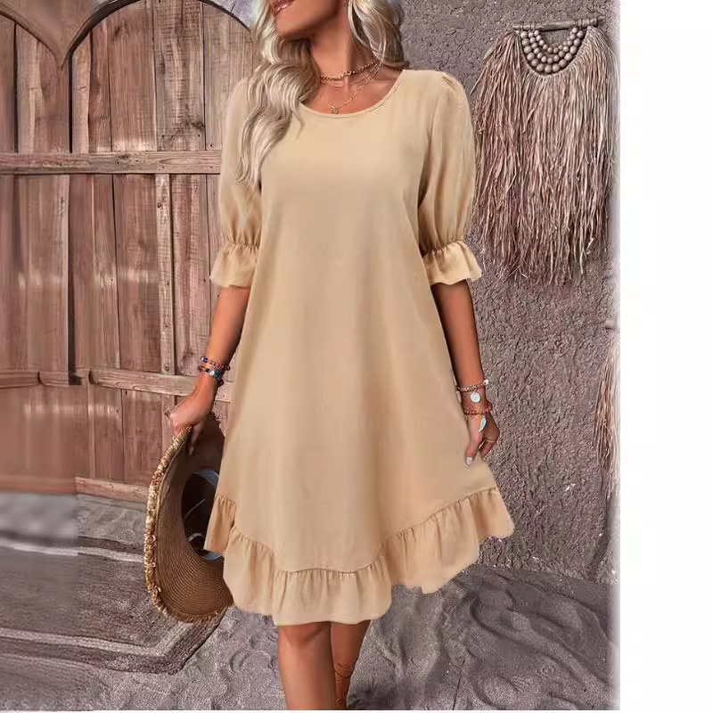 Retro-Kleid aus Baumwollleinen, halblangen Ärmeln, Rundhalsausschnitt, einfarbig, locker ausgestellt