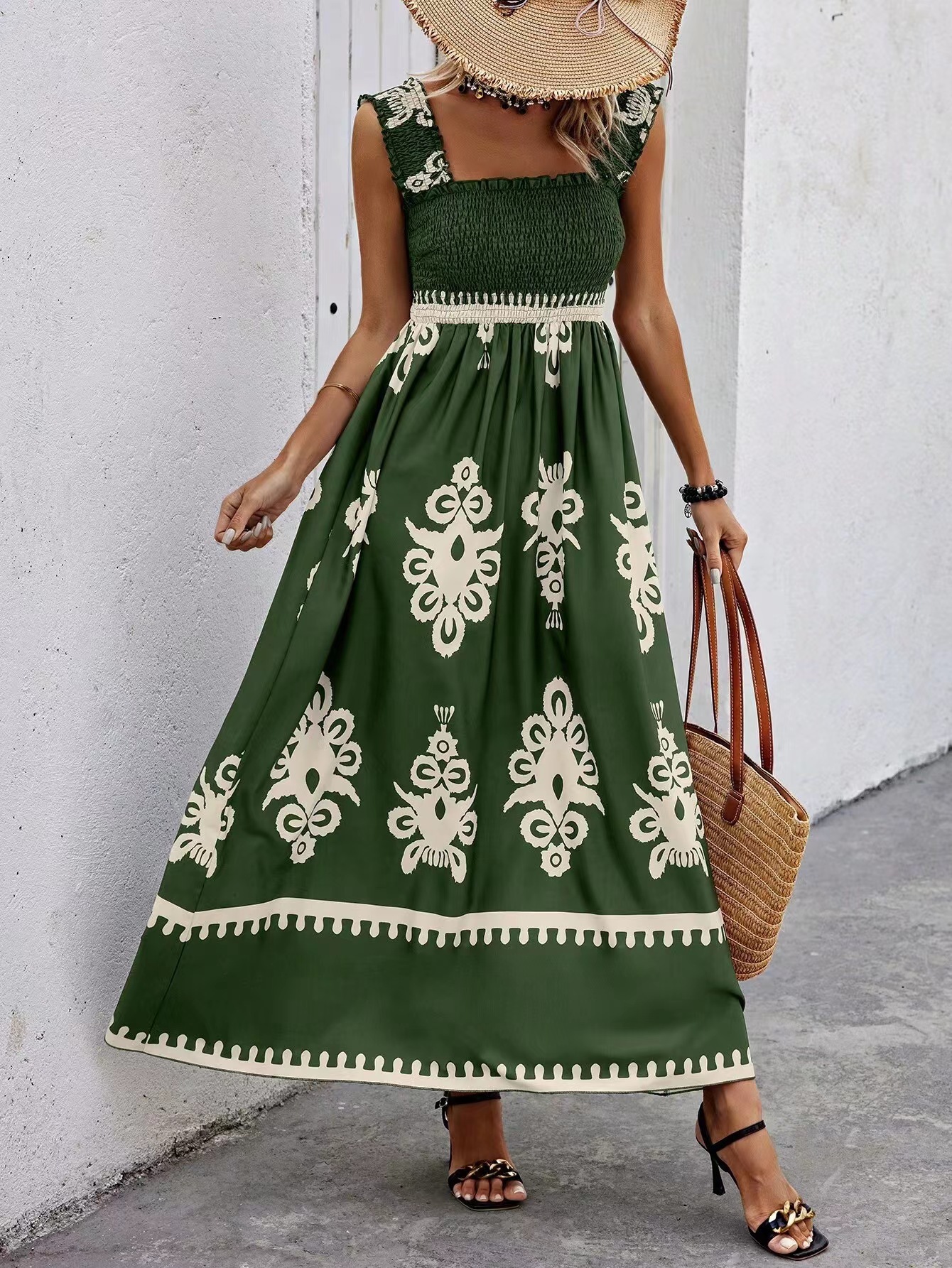 Boho-Maxikleid für Damen mit Blumenmuster und Smokdetails