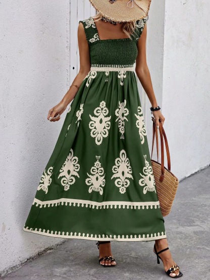 Boho-Maxikleid für Damen mit Blumenmuster und Smokdetails