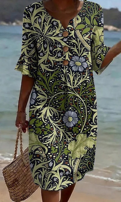 Damen Blumenprint-Kleid aus Leinenmischung