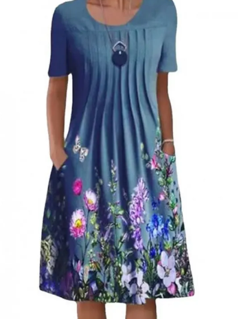 Rundhalskleid mit kurzen Ärmeln und Blumenprint für Damen