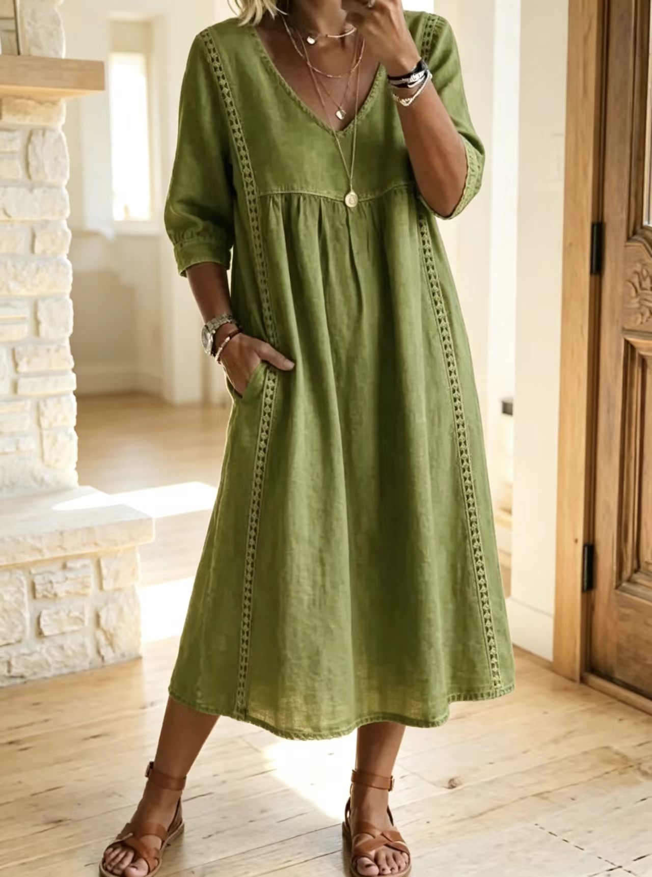 Boho Übergroßes Leinen-Midi-Kleid
