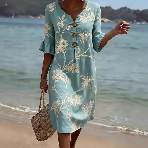 Damen Blumenprint-Kleid aus Leinenmischung