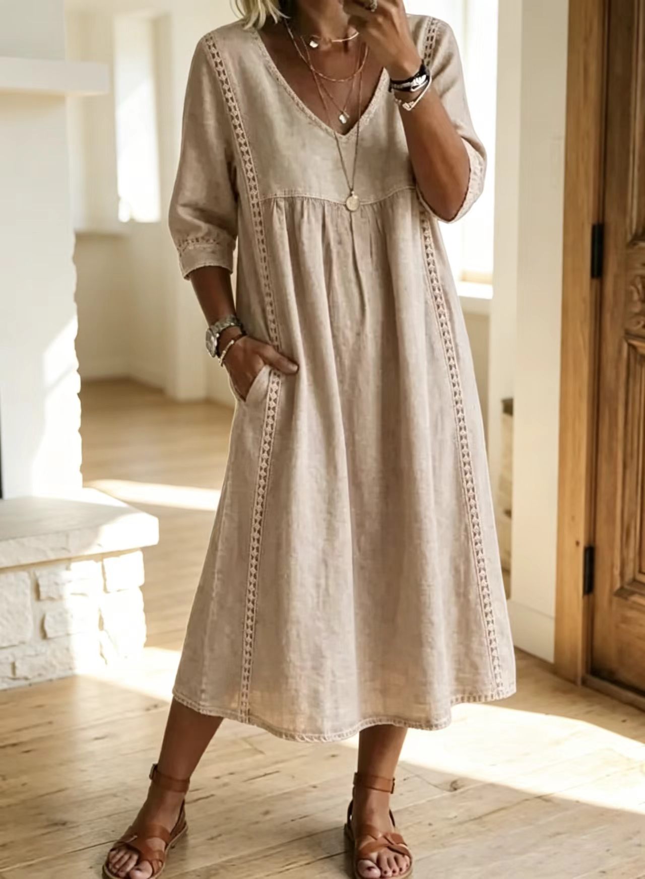 Boho Übergroßes Leinen-Midi-Kleid