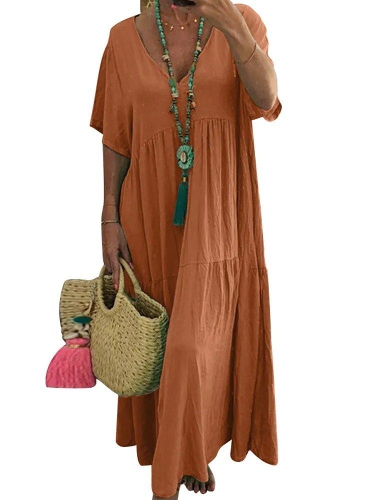 V-neck irregular long flaRot dress