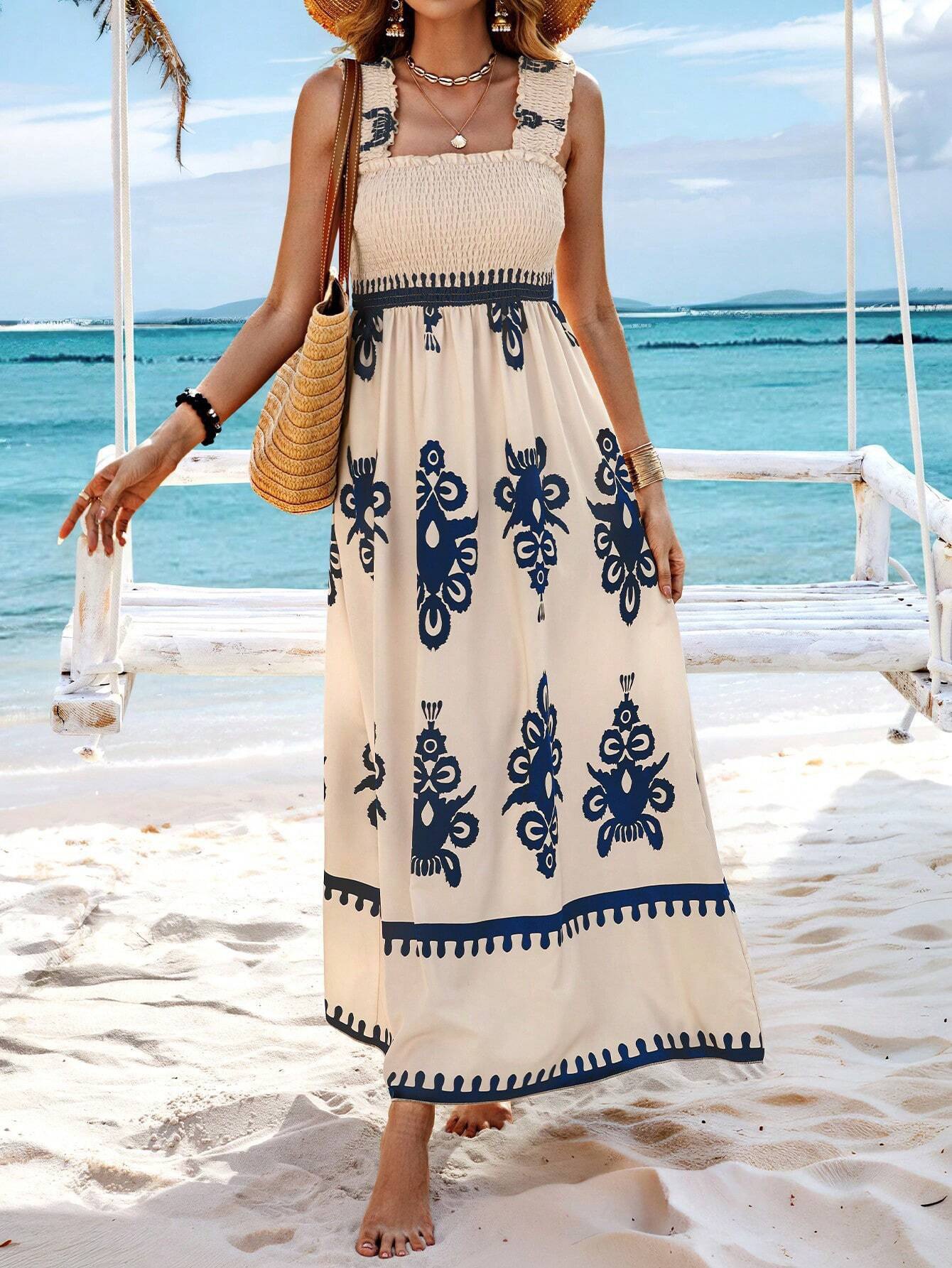 Boho-Maxikleid für Damen mit Blumenmuster und Smokdetails