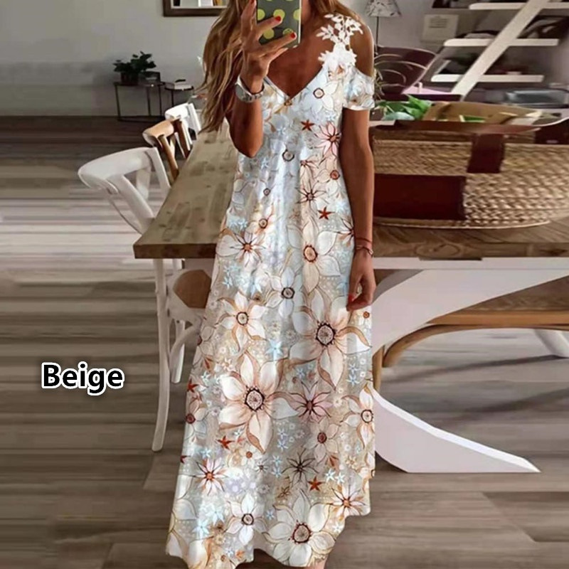 Locker geschnittenes Kleid mit Spitzen-Neckholder und V-Ausschnitt, modischem Print