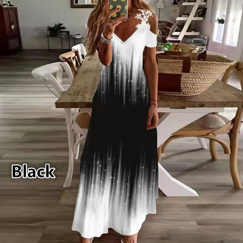 Locker geschnittenes Kleid mit Spitzen-Neckholder und V-Ausschnitt, modischem Print