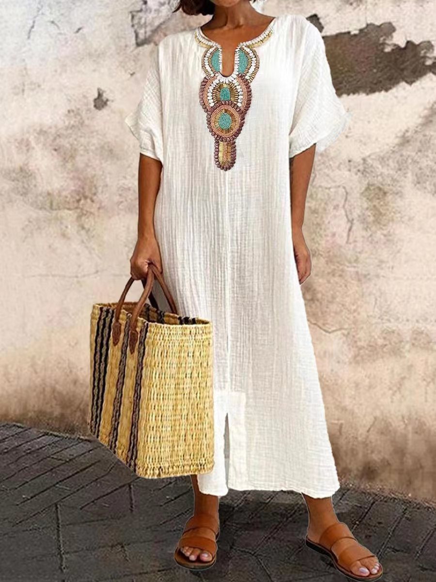Women's Boho EmbroideRot Linen-Blend Kaftan Maxi Dress