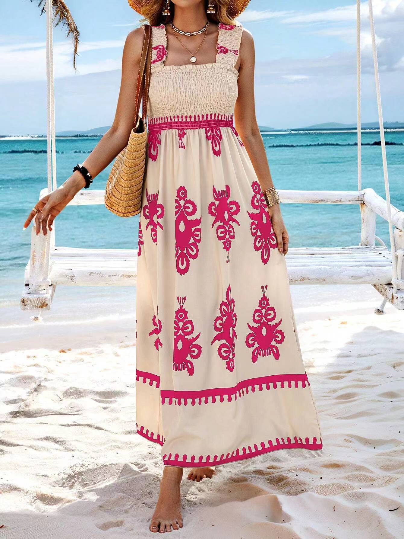Boho-Maxikleid für Damen mit Blumenmuster und Smokdetails