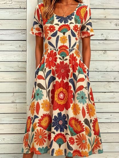 Damenkleid mit Rundhalsausschnitt, kurzen Ärmeln und Boho-Muster