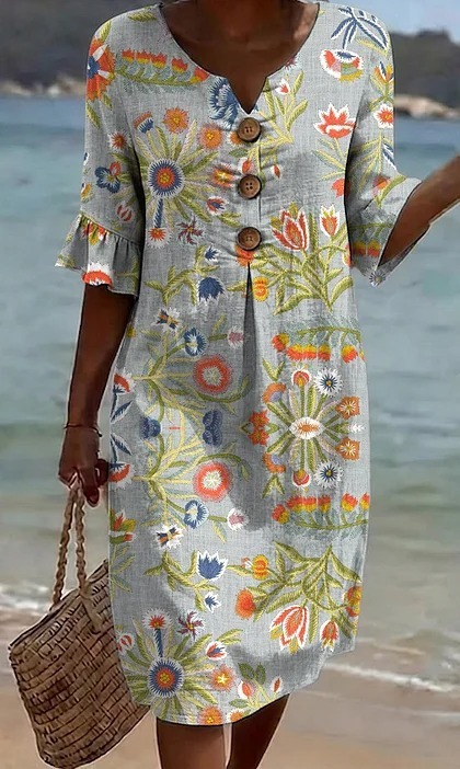 Damen Blumenprint-Kleid aus Leinenmischung