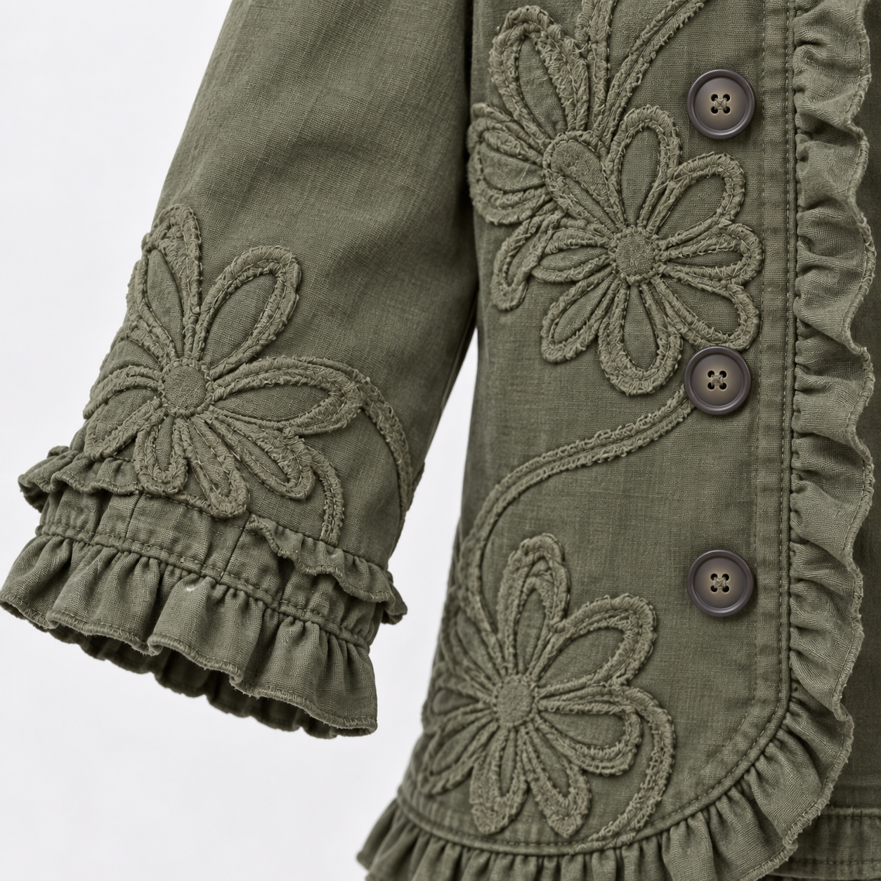 Olive green floral ruffle jacket detail