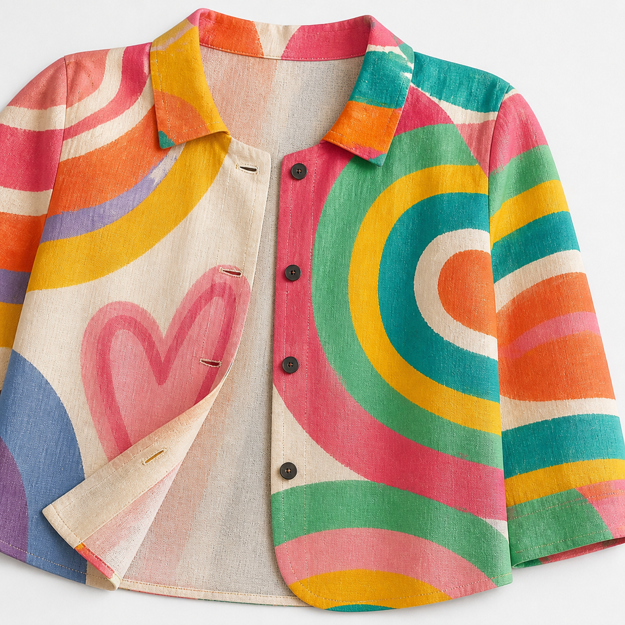 Veste en cardigan imprimée - Détail du col, devant à boutons, manches et ourlet