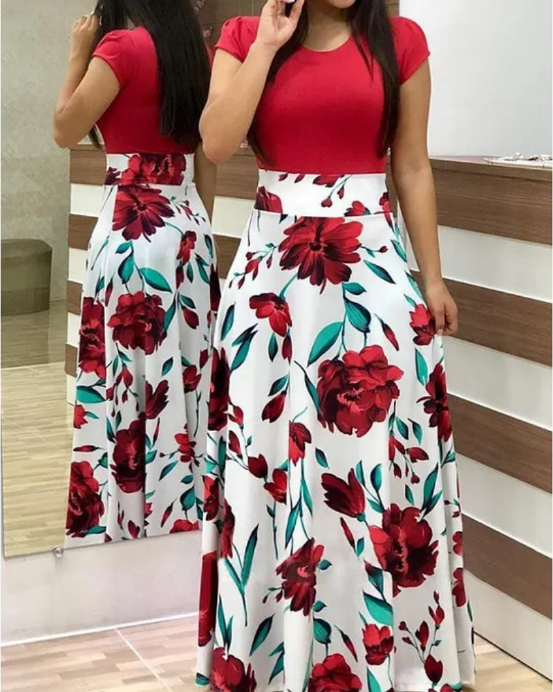 Damenkleid mit Blumenmuster und Farbblockdesign