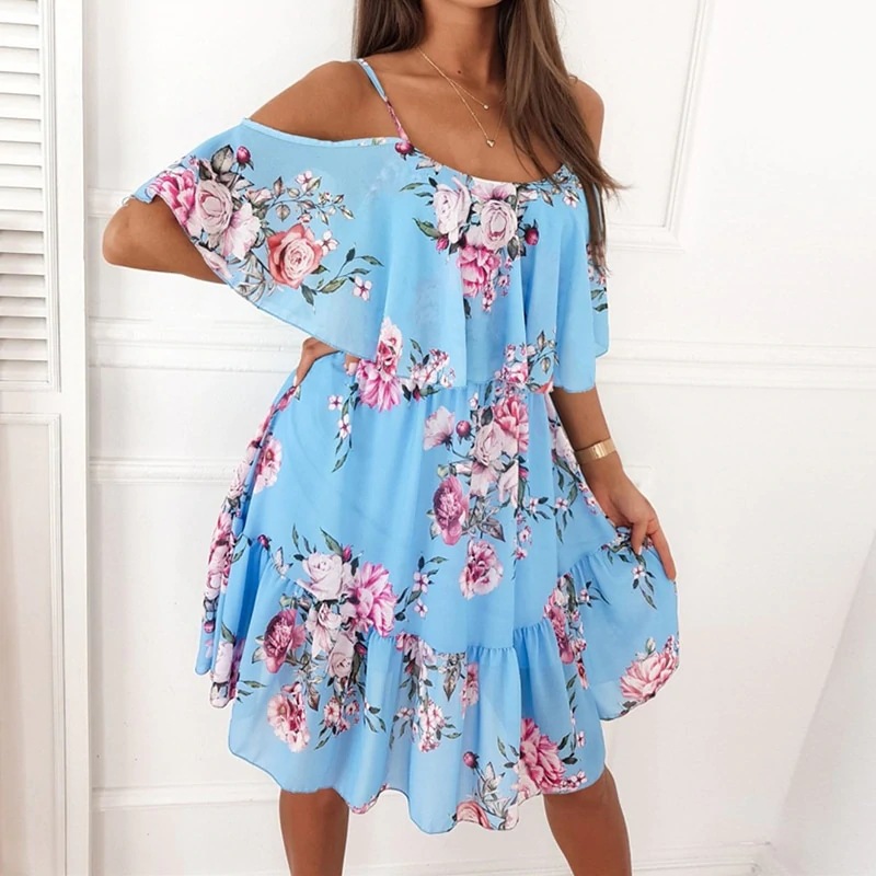 Sexy Chiffonkleid mit Print und schulterfreiem Ausschnitt