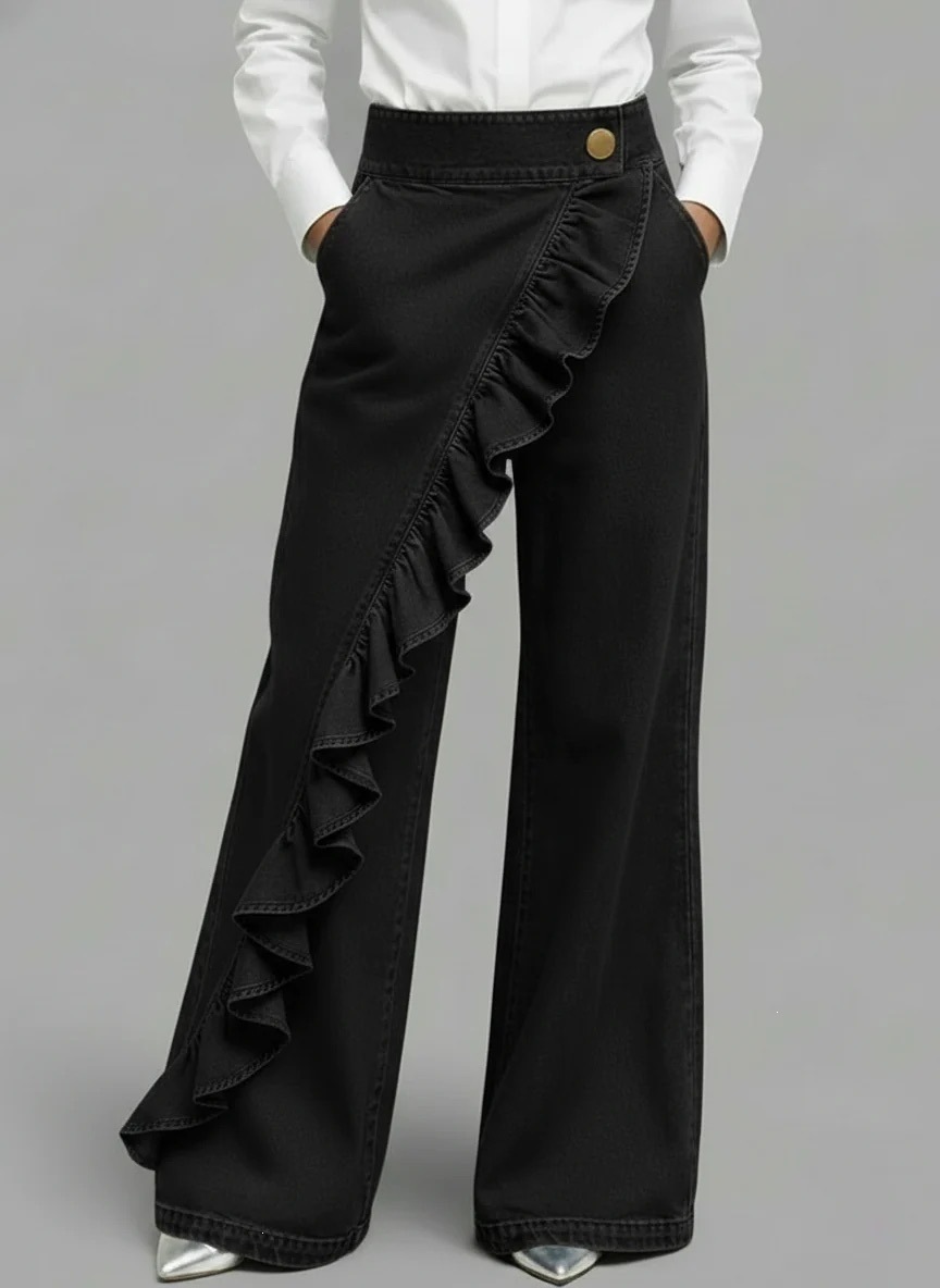 Women's Ruffle Trim High Waist Wide Leg Denim Pants