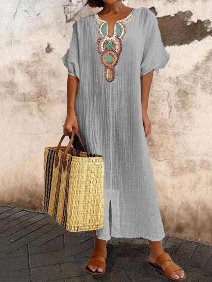 Boho-besticktes Kaftan-Maxikleid für Damen aus Leinenmischung