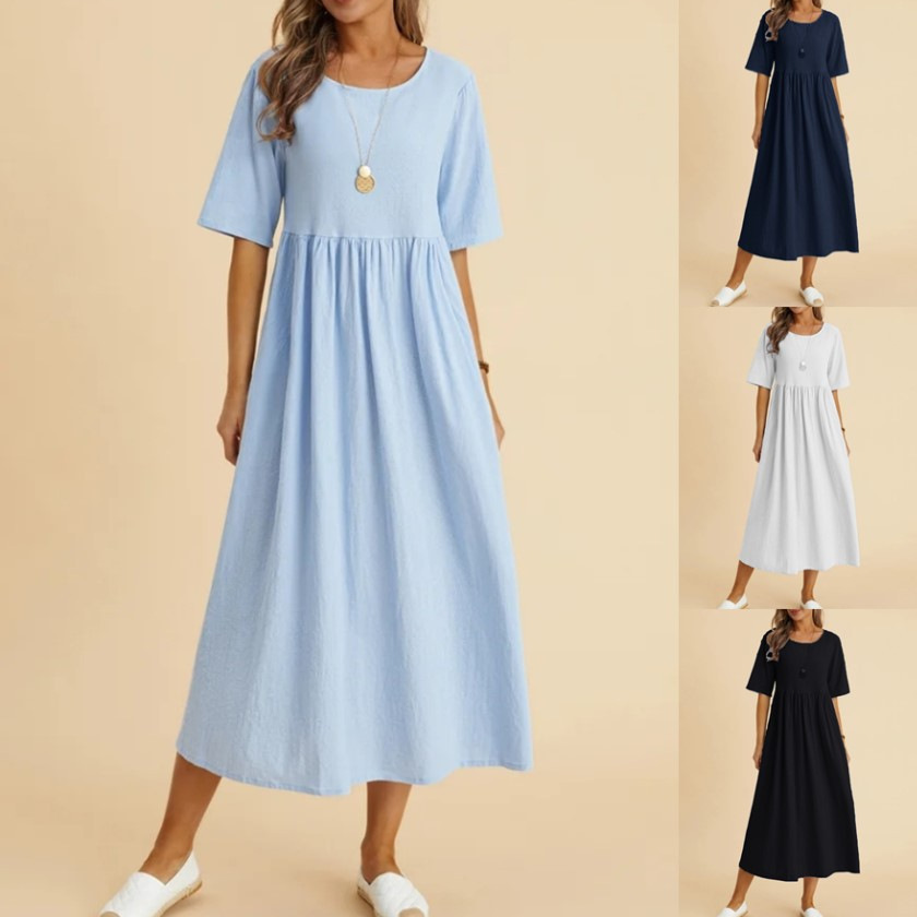 Locker sitzendes, kurzärmeliges Midikleid aus Baumwolle und Leinen mit Rundhalsausschnitt.
