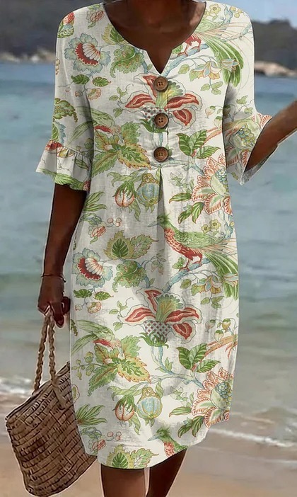 Damen Blumenprint-Kleid aus Leinenmischung