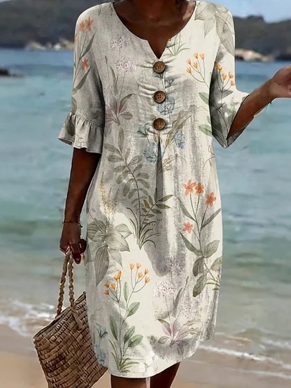 Damen Blumenprint-Kleid aus Leinenmischung