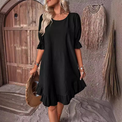 Retro-Kleid aus Baumwollleinen, halblangen Ärmeln, Rundhalsausschnitt, einfarbig, locker ausgestellt
