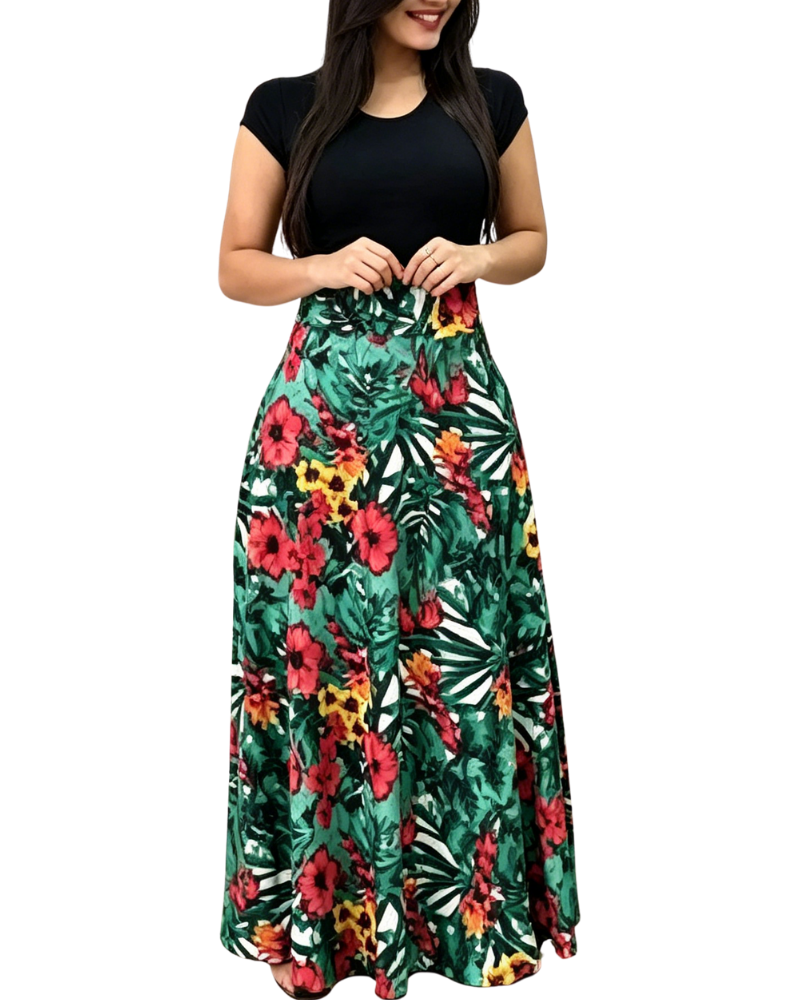 Damenkleid mit Blumenmuster und Farbblockdesign