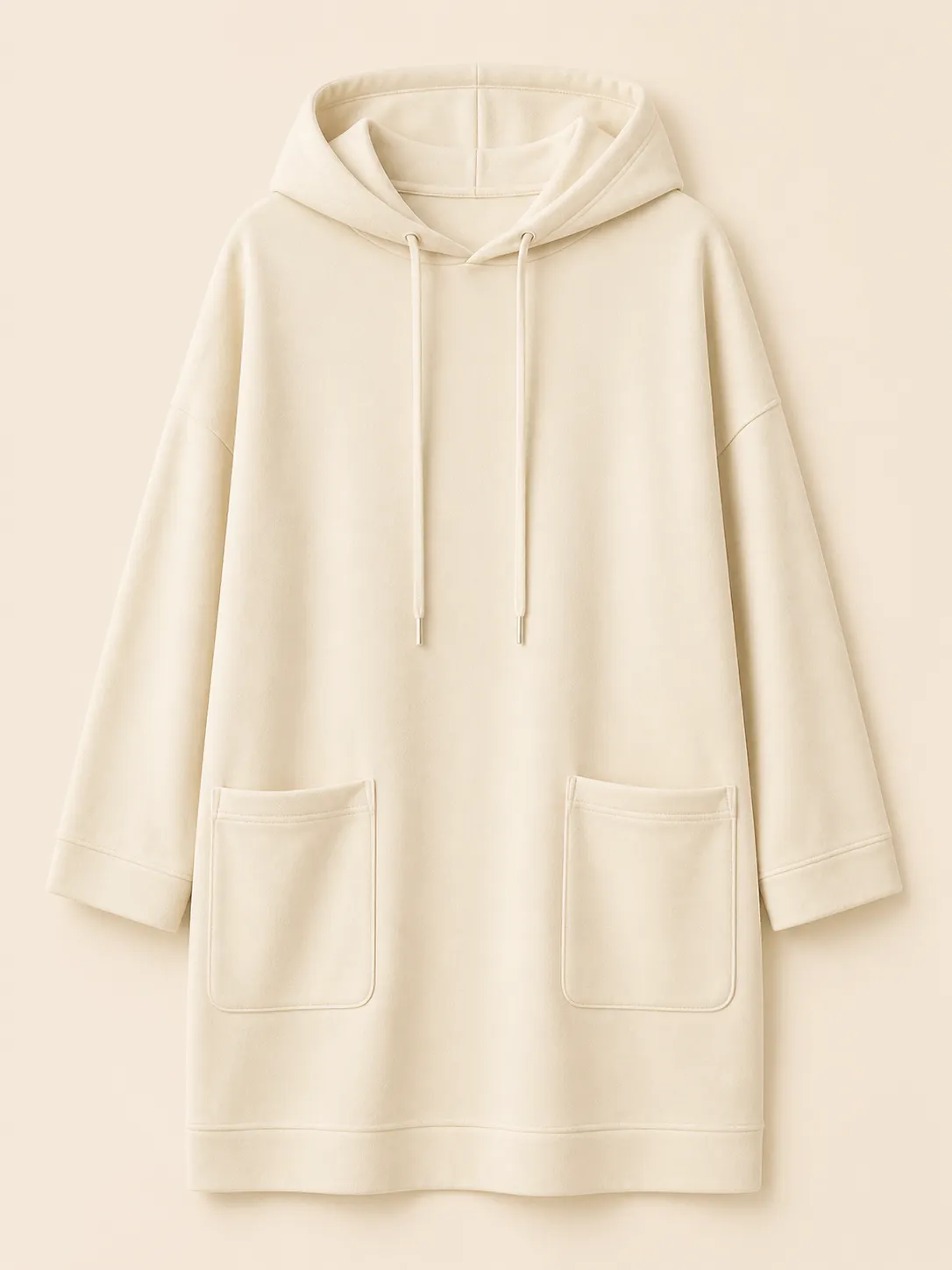 Robe tunique à capuche - Détail de la capuche, cordon, poche et ourlet