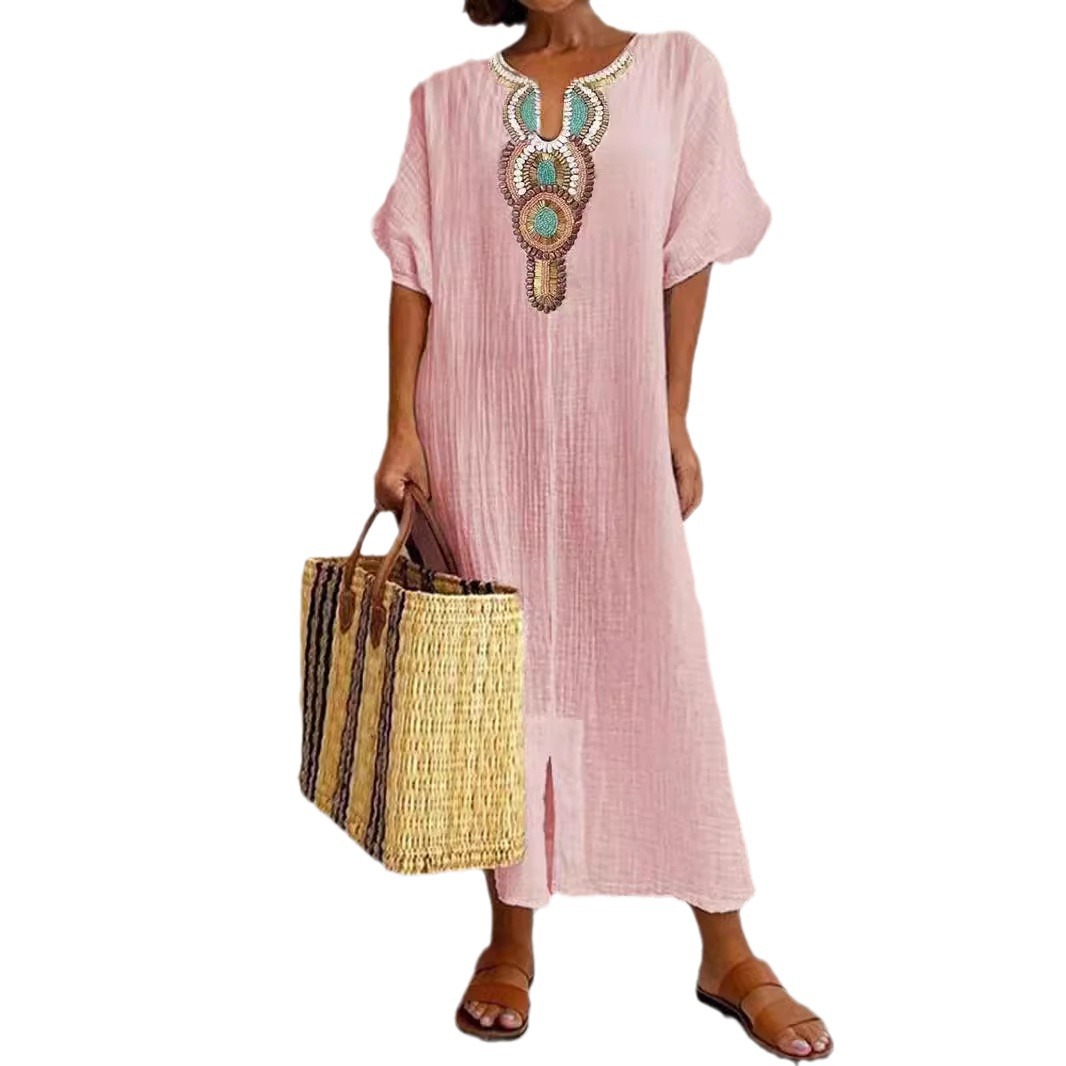 Boho-besticktes Kaftan-Maxikleid für Damen aus Leinenmischung